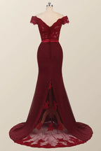 Robe de demoiselle d'honneur bordeaux en dentelle, robe de bal sirène à épaules dénudées 