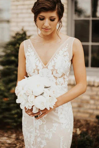 Vestido de novia bohemio de sirena con escote en V profundo de encaje WD748