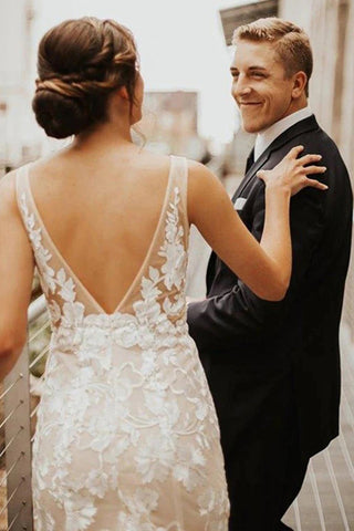 Vestido de novia bohemio de sirena con escote en V profundo de encaje WD748