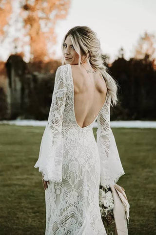 Vestidos de novia bohemios de encaje, corte sirena, escote en V, mangas largas y espalda descubierta WD652
