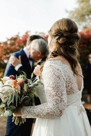 Vestidos de novia de talla grande con encaje, gasa color marfil y mangas largas WD462