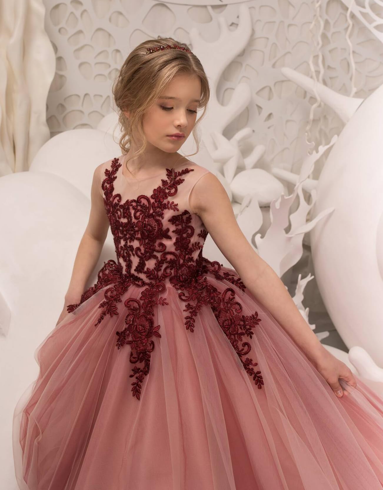 Vestidos de niña de las flores de tul y encaje para bodas, vestidos de concurso de encaje floral para adolescentes 