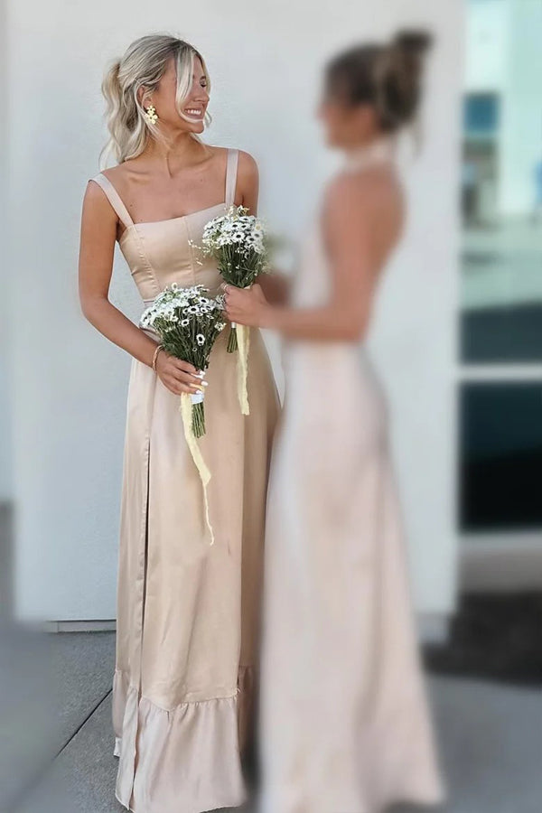 Robe de demoiselle d'honneur champagne coupe trapèze à lacets et fente BD122