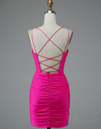 Robe de soirée courte rose fuchsia à fines bretelles et lacets PD437