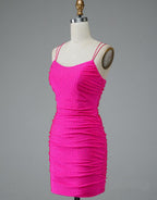 Robe de soirée courte rose fuchsia à fines bretelles et lacets PD437
