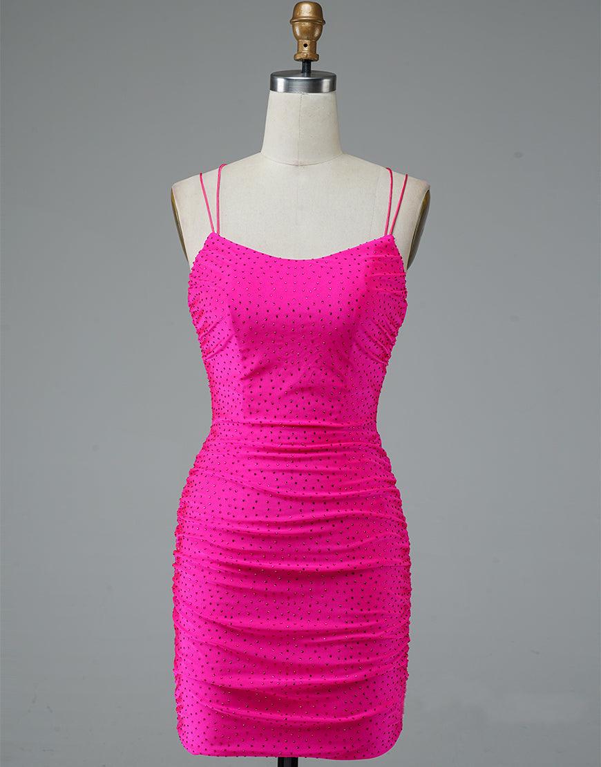 Robe de soirée courte rose fuchsia à fines bretelles et lacets PD437