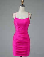 Robe de soirée courte rose fuchsia à fines bretelles et lacets PD437