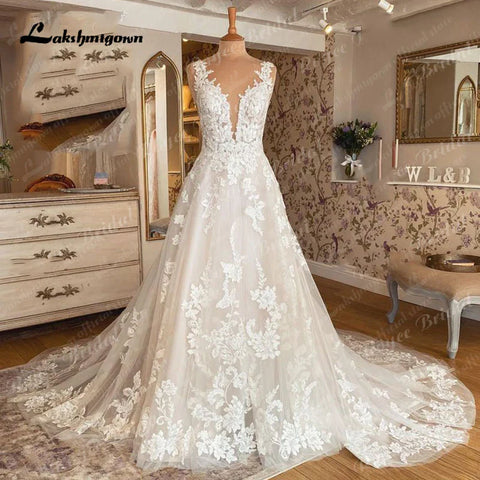 Lakshmigown dentelle Appliques plage robe de mariée Boho robes de mariée sur mesure dos ouvert robe de soirée de mariage 