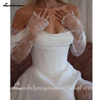 Lakshmigown Robe de mariée en satin plissé à épaules dénudées, manches longues en dentelle, coupe trapèze, traîne 