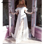 Lakshmigown Robe de mariée en satin plissé à épaules dénudées, manches longues en dentelle, coupe trapèze, traîne 
