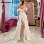 Lakshmigown Robe de mariée en satin plissé à épaules dénudées, manches longues en dentelle, coupe trapèze, traîne 