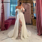 Lakshmigown Robe de mariée en satin plissé à épaules dénudées, manches longues en dentelle, coupe trapèze, traîne 