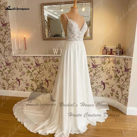 Robe de mariée trapèze bouffante en mousseline de soie Lakshmigown, robe de plage, été, élégante, robe de mariée Hoho, corsage en dentelle à paillettes 