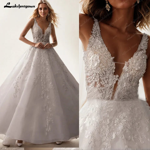 Vestidos de novia Lakshmigown con escote en V y sin mangas para mujer, con cuentas, línea A, encaje marfil, romántico, estilo bohemio 