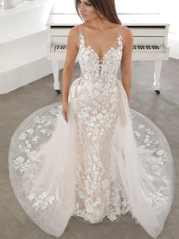 Lakshmigown Robe de mariée sirène 2 en 1 en dentelle vintage, robe de mariée sexy dos nu, jupe amovible 