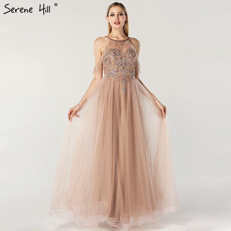 On Sale No Return No Refund Sale Latest Design O-Neck Beading Diamonds Evening Dresses 2025 Off Shoulder Sexy Tulle Evening Gowns LA6533