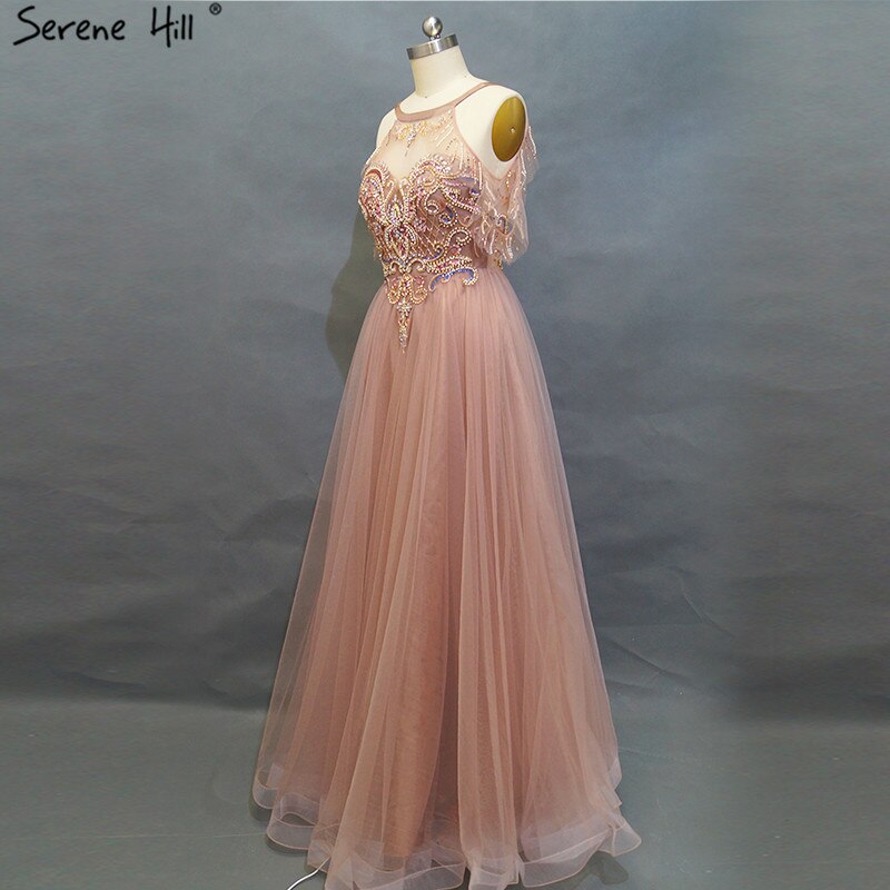 On Sale No Return No Refund Sale Latest Design O-Neck Beading Diamonds Evening Dresses 2025 Off Shoulder Sexy Tulle Evening Gowns LA6533