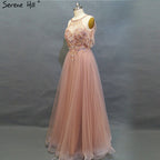 On Sale No Return No Refund Sale Latest Design O-Neck Beading Diamonds Evening Dresses 2025 Off Shoulder Sexy Tulle Evening Gowns LA6533