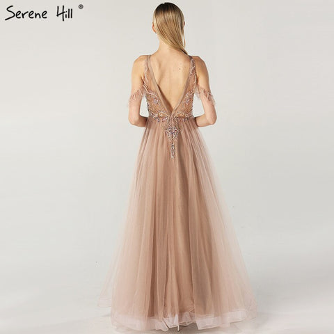 Robe de soirée sexy en tulle à col rond et perles, épaules dénudées, dernière création, LA6533, 2025 