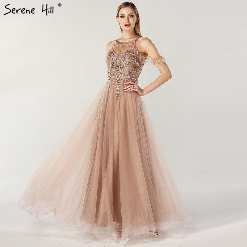 On Sale No Return No Refund Sale Latest Design O-Neck Beading Diamonds Evening Dresses 2025 Off Shoulder Sexy Tulle Evening Gowns LA6533