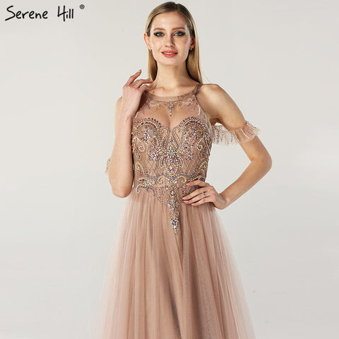 Robe de soirée sexy en tulle à col rond et perles, épaules dénudées, dernière création, LA6533, 2025 