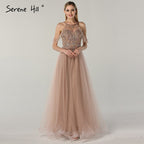 On Sale No Return No Refund Sale Latest Design O-Neck Beading Diamonds Evening Dresses 2025 Off Shoulder Sexy Tulle Evening Gowns LA6533