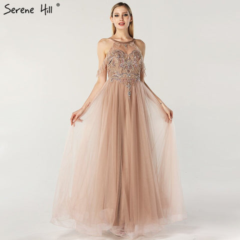 Robe de soirée sexy en tulle à col rond et perles, épaules dénudées, dernière création, LA6533, 2025 