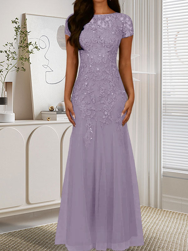 Robe sirène bleu marine foncé à sequins et tulle, décolleté rond, robe en tulle bleu marine foncé