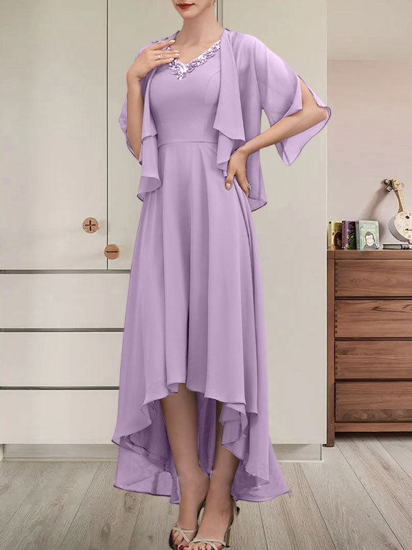 Vestido de corte A, escote en V, asimétrico, de gasa, para la madre de la novia, con lentejuelas y pedrería.