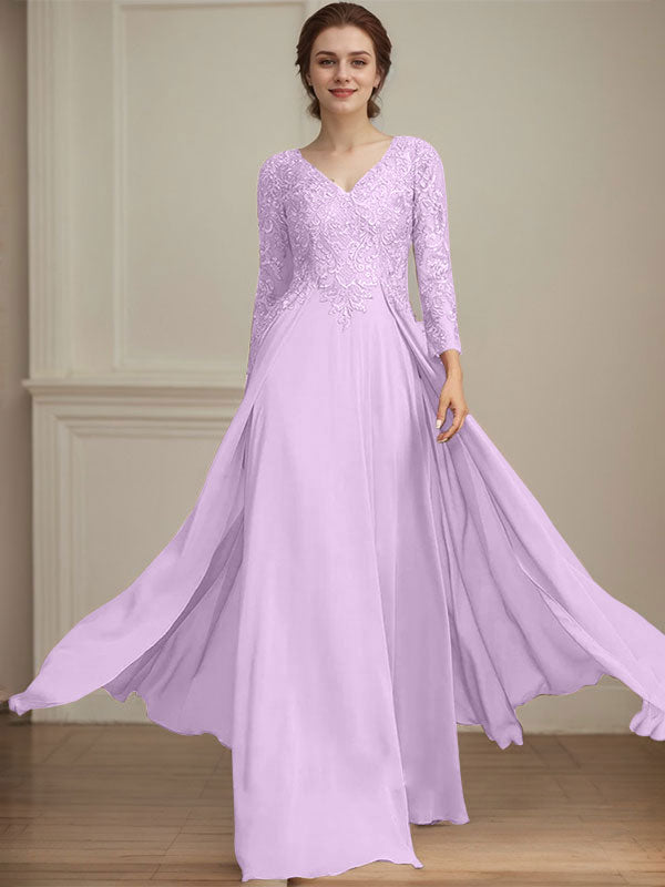 Robe de mère de la mariée en mousseline de dentelle, coupe trapèze, col en V, longueur au sol, ornée de sequins 