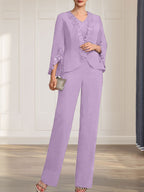 Combinaison/Tailleur-pantalon deux pièces, robe longue en mousseline à col V pour la mère de la mariée