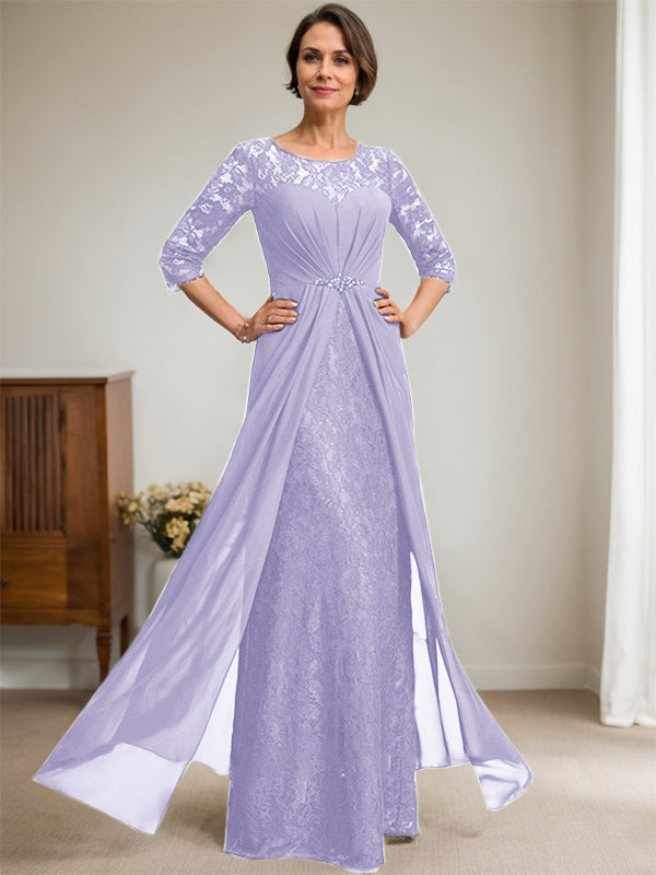 Vestido de novia de corte línea A, escote redondo ilusión, largo hasta el suelo, de gasa de encaje con volantes y pedrería. 