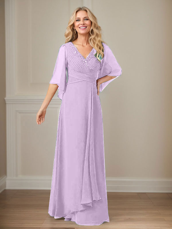 Vestido de mamá largo de gasa con lentejuelas, escote en V y corte en A