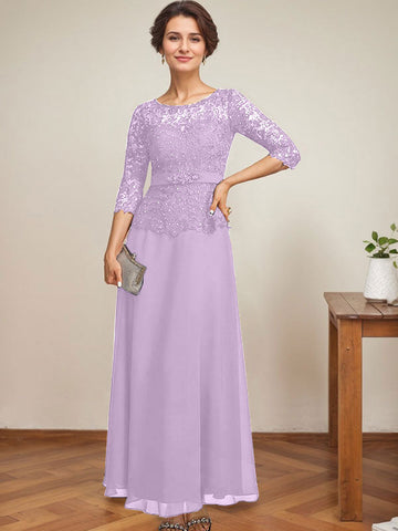 A-line Scoop Illusion Ankle-Length Chiffon Lace Mother of the Bride Dress With Rhinestone Beading