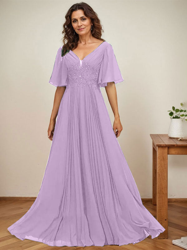 Vestido de corte A, escote en V, largo hasta el suelo, de gasa, para la madre de la novia, con apliques de lentejuelas y encaje plisado. 