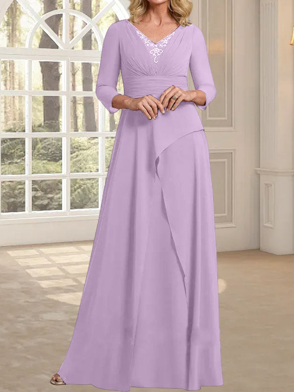 Vestido de gasa de corte A, escote en V, largo hasta el suelo, para la madre de la novia, con plisados ​​y cuentas.