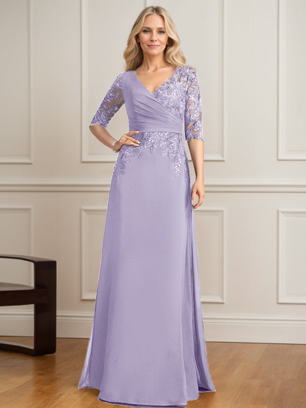 Robe de mère de la mariée en mousseline de dentelle, coupe trapèze, col en V, longueur au sol, ornée de sequins plissés 