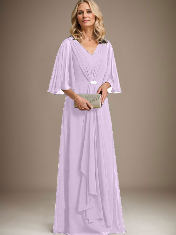 Vestido de corte A, escote en V, largo hasta el suelo, de gasa, para la madre de la novia, con volantes en cascada y broche de cristal. 