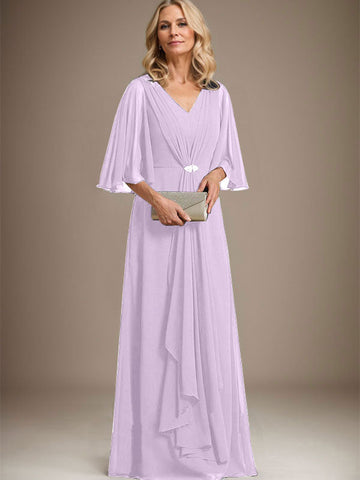 A-line V-Neck Floor-Length Chiffon Mother of the Bride Dress With Cascading Ruffles Crystal Brooch