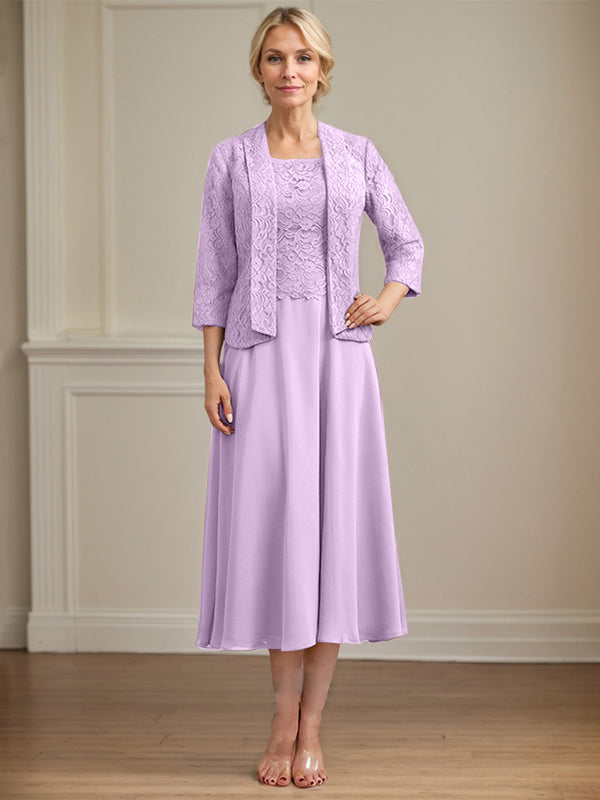 Vestido de corte A con escote redondo y largo hasta la rodilla en gasa de encaje para la madre de la novia 