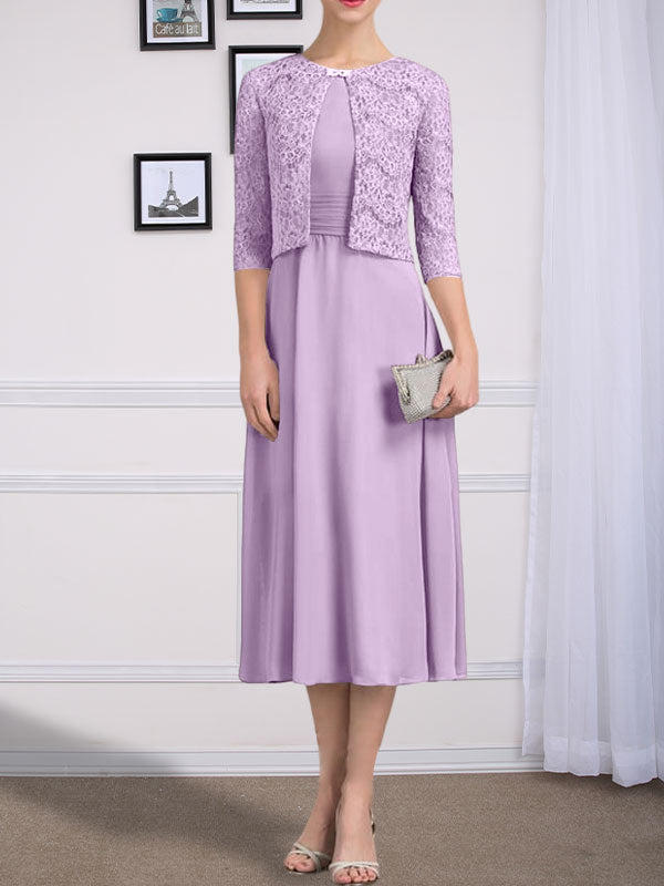 Vestido de chifón de corte línea A, largo té, para la madre de la novia, con escote redondo y pliegues.
