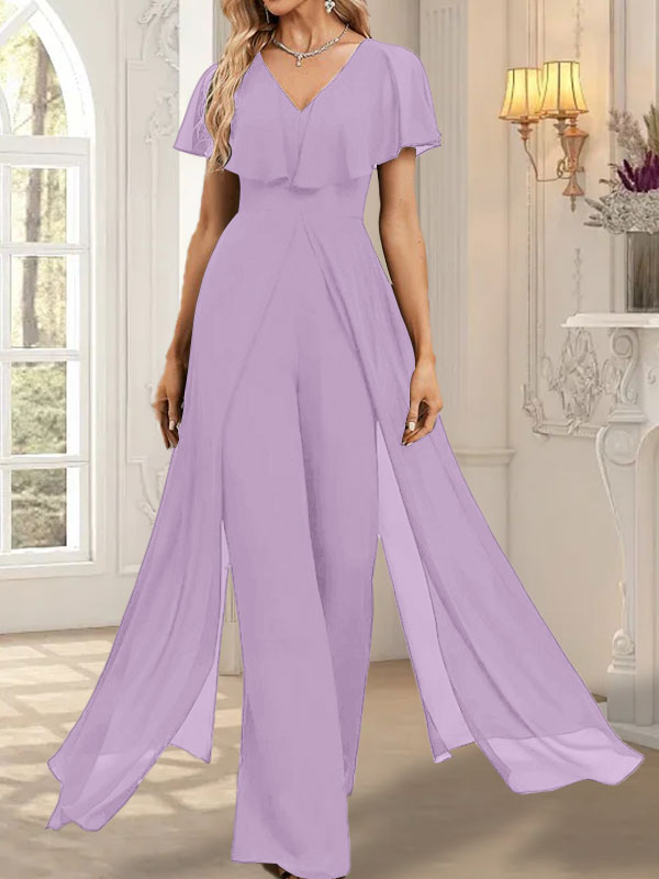 Combinaison-pantalon robe de soirée longue en mousseline à col en V