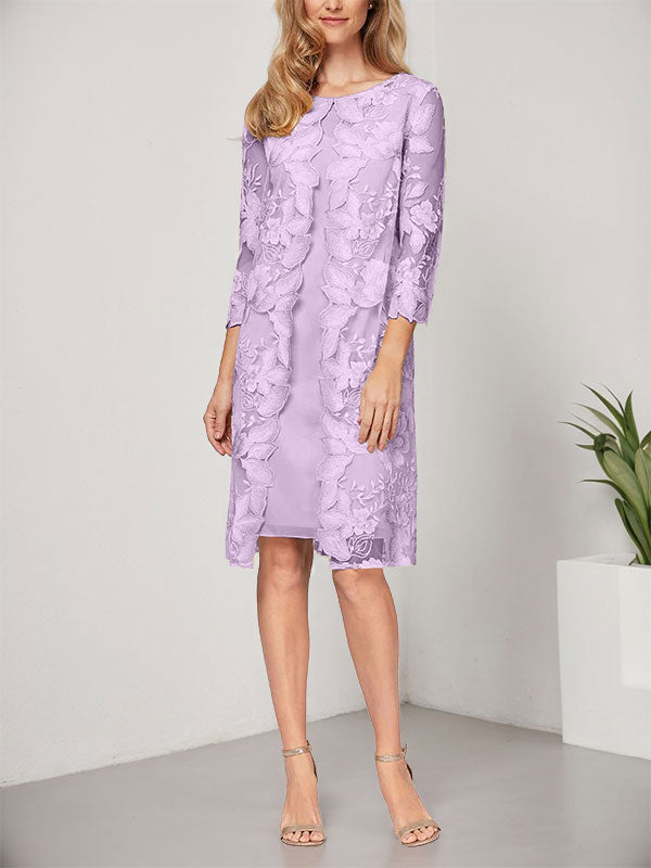 Vestido de corte A, escote redondo, largo hasta la rodilla, de gasa y encaje, para la madre de la novia, con chaqueta. 