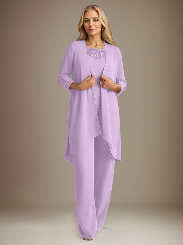 Traje pantalón de gasa con escote redondo y mangas largas para la madre de la novia, con chaqueta. 