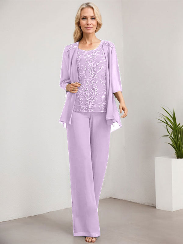 Vestido de novia de gasa con encaje y lentejuelas, estilo mono/pantalón, largo hasta el suelo, con escote redondo.