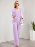 Vestido de novia de gasa con encaje y lentejuelas, estilo mono/pantalón, largo hasta el suelo, con escote redondo.