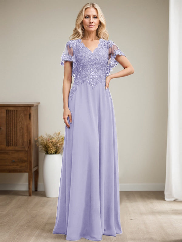 Vestido de novia de corte A, escote en V, largo hasta el suelo, de gasa de encaje con lentejuelas para la madre de la novia 