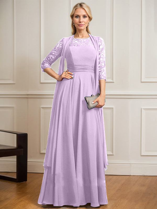 Robe de mère de la mariée en mousseline de dentelle, coupe trapèze, décolleté plongeant illusion, longueur au sol, avec plis. 