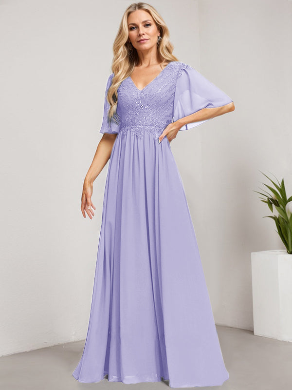 Vestido de novia de corte A, escote en V, largo hasta el suelo, de gasa de encaje con lentejuelas para la madre de la novia 