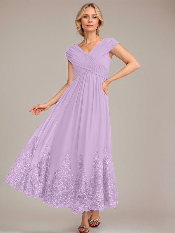 Vestido de gasa de corte evasé, escote en V, largo hasta el tobillo, para la madre de la novia, con apliques de lentejuelas. 